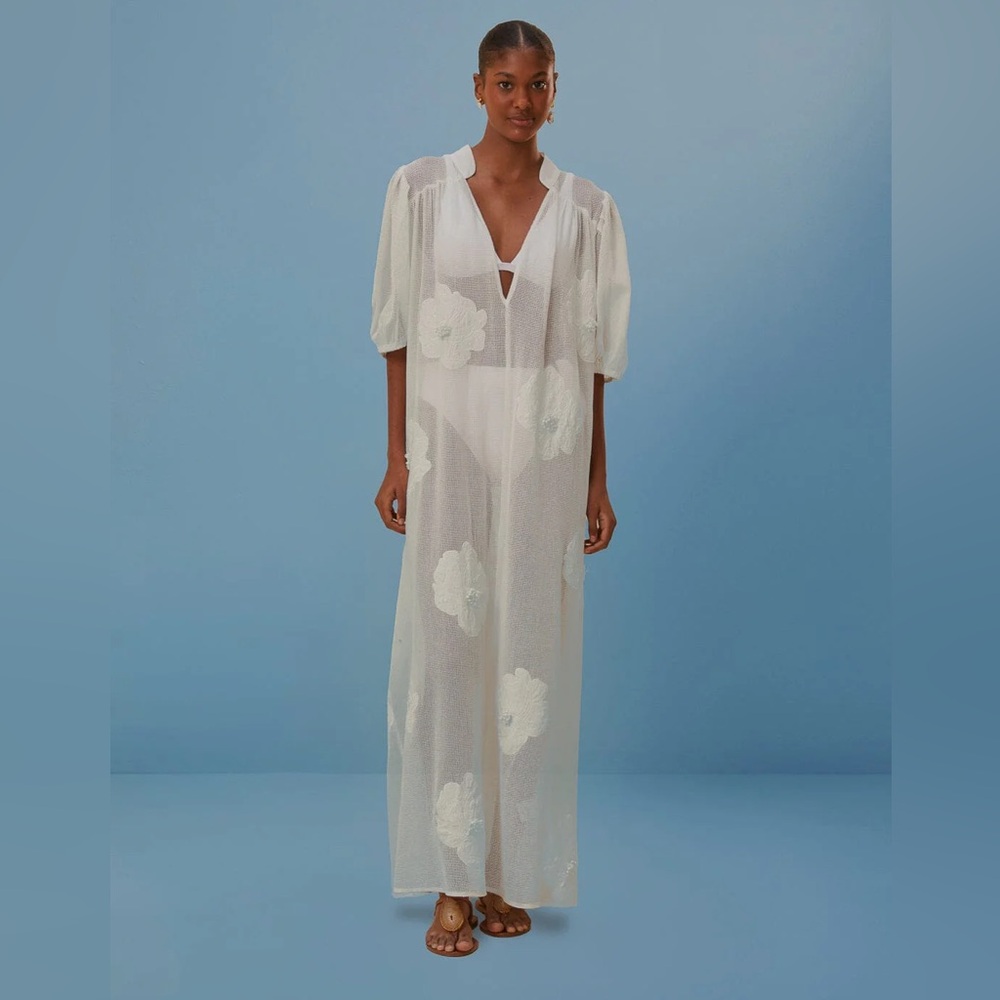 FARM Rio White Buttoned Maxi Dress with Plunge Neckline and Bishop Sleeves